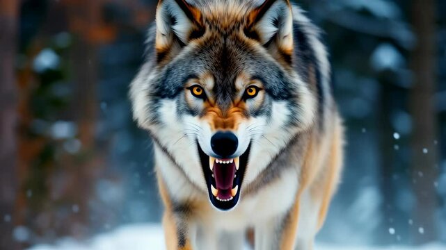 A wolf is standing in the snow with its mouth open