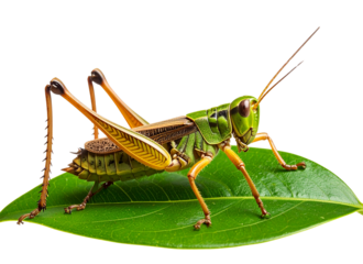 Green Grasshopper Resting on a Leaf, side profile, isolated on a transparent background