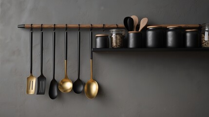 Modern Scandinavian Kitchen Shelf with Minimalist Utensils and Ceramic Jars