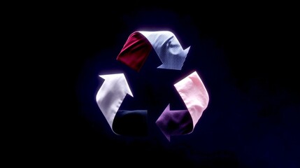 Colorful fabric arrows forming a recycling symbol in a dark atmosphere. This image showcases sustainability in fashion. It represents eco-friendly choices and modern design. AI