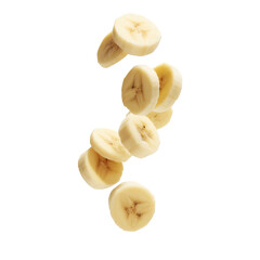 Sliced bananas falling isolated on transparent background
