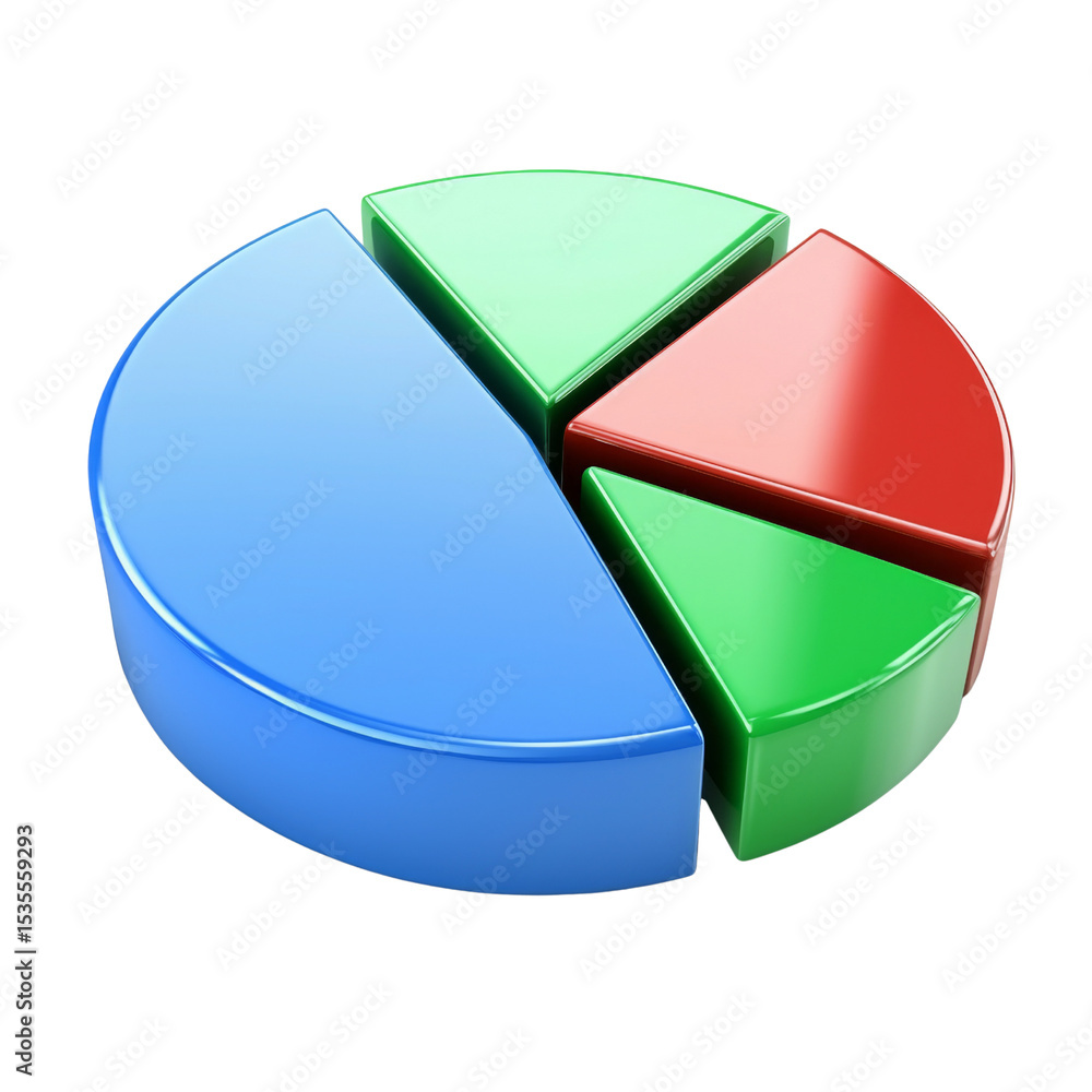 Poster 3D pie chart with blue, green, and red segments representing data distribution. This visual aids in understanding proportions and comparisons in statistics