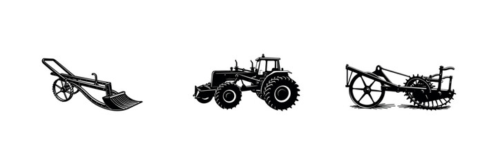 Fototapeta premium Vintage Farming retro Tractor Vector Agricultural Machinery Silhouette for Field Work design set and bundle 