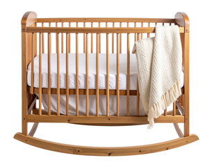 Classic Wooden Baby Cradle with Soft Blanket, Isolated on Transparent Background.