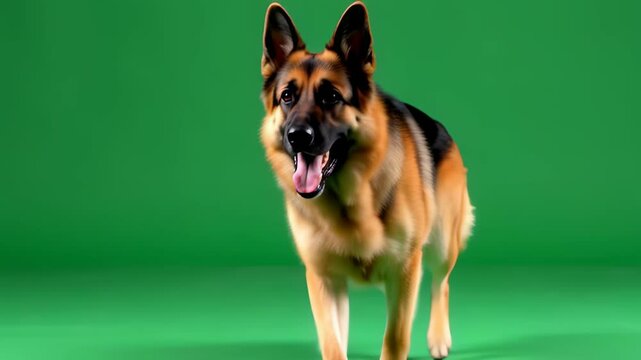 A dog is walking on a green background