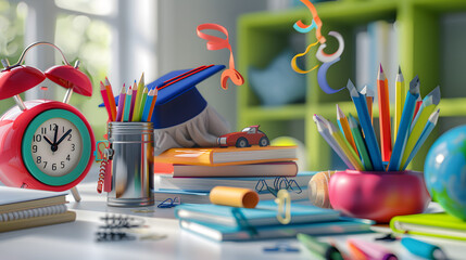 Studying and Graduation Still Life with Colorful School Supplies on Table