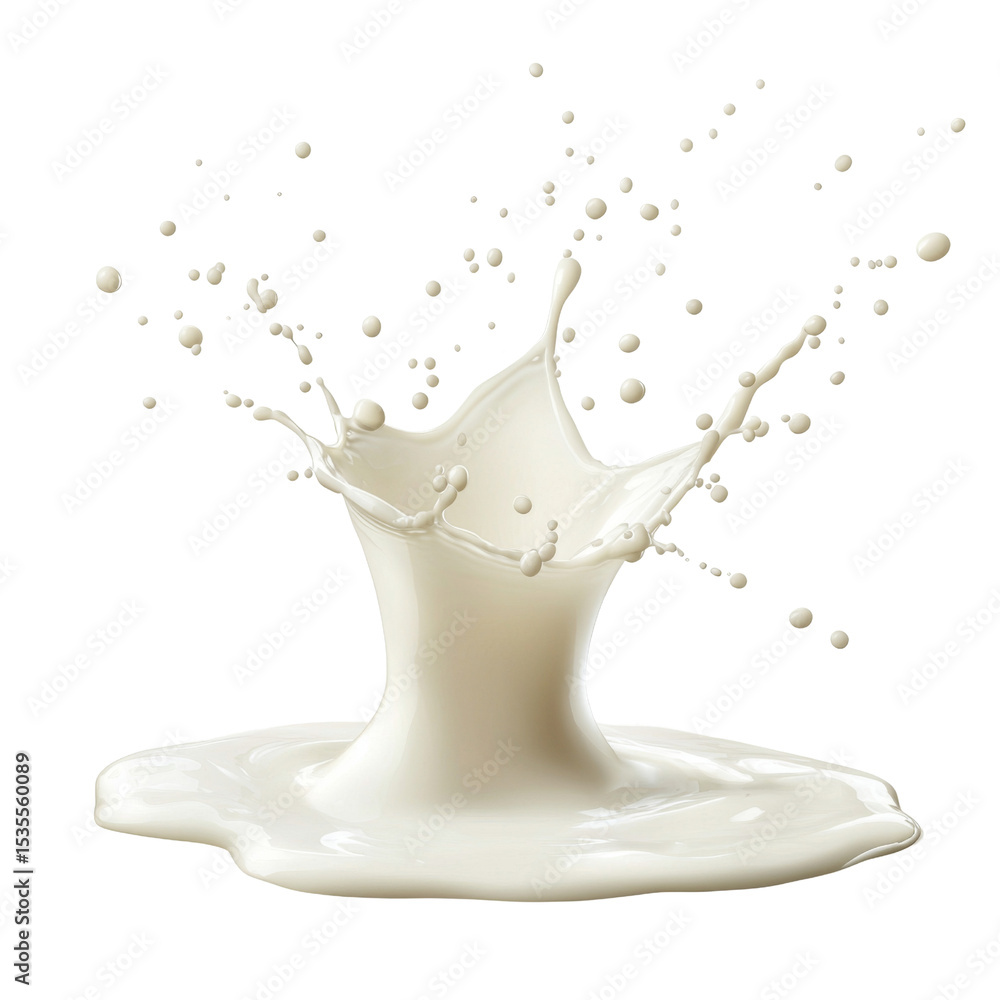 Poster creamy milk splash creates dynamic visual with droplets flying in all directions, showcasing fluidit