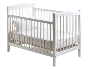 Modern Minimalist Baby Cradle in White with Plush Mattress, Transparent Background.