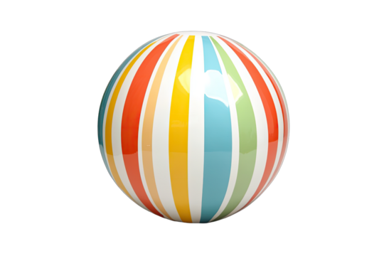 A ball decorated with a pattern of vertical stripes. The stripes come in various colors, including red, orange, and blue.