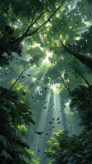Magical Sunbeams and Birds in Flight Through Lush Forest Canopy