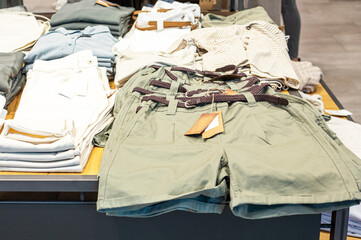 stylish summer and beachwear in the supermarket. Beginning of the season