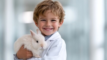 A joyful child smiles brightly while holding a fluffy white rabbit. The image captures innocence and affection. It shows a warm connection between animals and kids