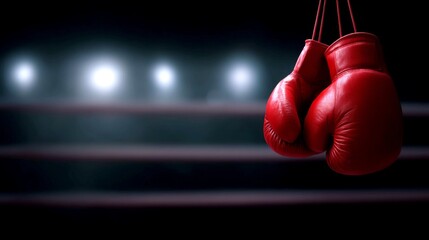 A pair of red boxing gloves hang in a dimly lit gym. The focus is on the gloves, highlighting their bold color and texture. Perfect for sports and fitness themes. AI