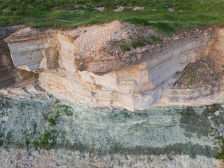 Close-up of the geological layers of the Pakri cliff in Estonia. Natural texture showing the contact between Ordovician limestone and Cambrian blue clay.