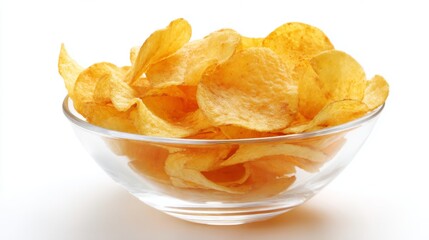 A glass bowl filled with delicious golden potato chips. The crispy snacks are perfect for parties or casual gatherings. Enjoy them with your favorite dip. Perfect for sharing. AI