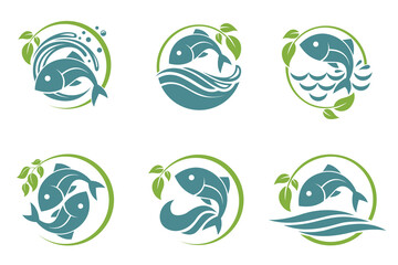 collection of nature fish icon with waves isolated on white background
