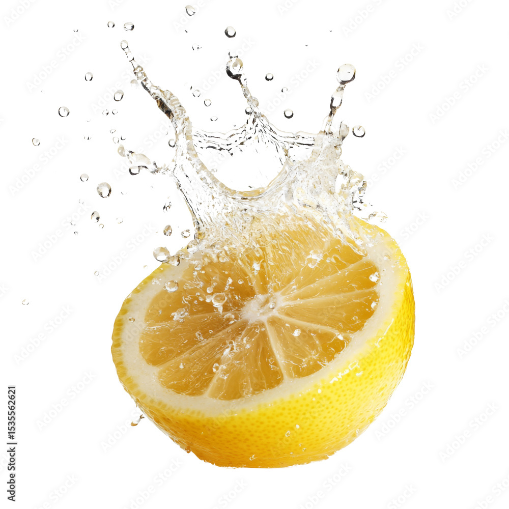 Poster Fresh lemon slice splashing in water, creating dynamic droplets and vibrant scene. bright yellow color contrasts beautifully against transparency background