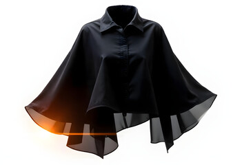 A stylish black cape blouse hybrid with a collared neckline and a flowing asymmetrical hem featuring sheer elements and an orange lens flare on the left side