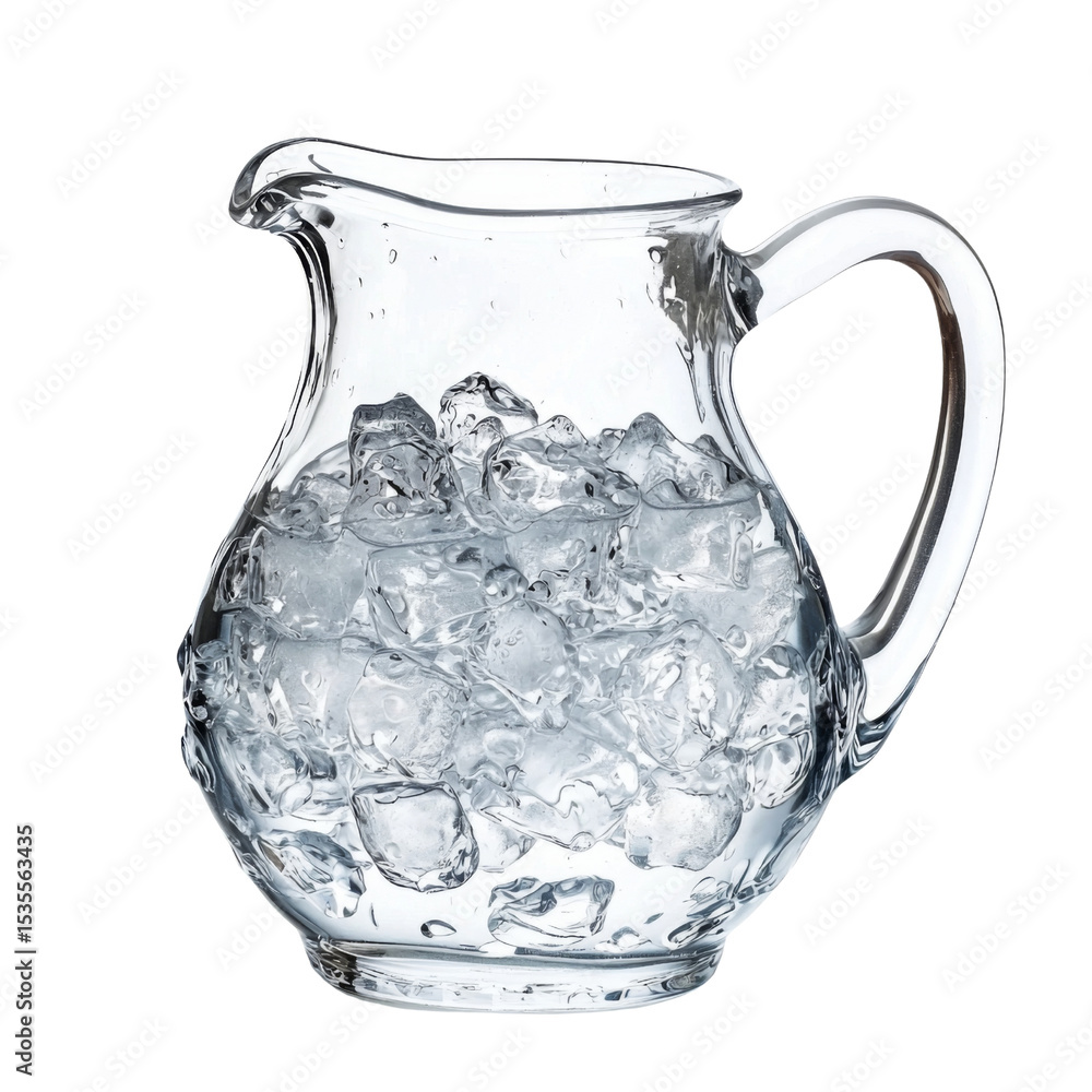 Poster clear glass pitcher filled with ice cubes, perfect for serving cold beverages. pitcher features curved handle and decorative design, adding elegance to any table setting