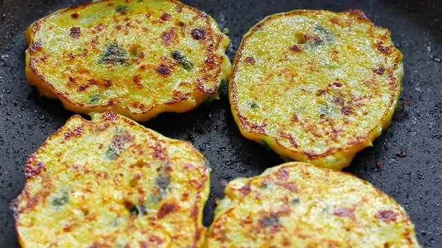 Frying homemade corn fritters to serve on the family dining table. Close-up video of corn fritters fried on a teflon pan.