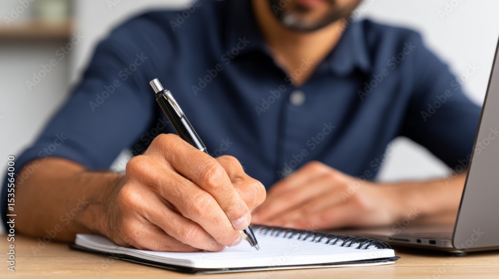 Aufkleber man in a blue shirt writes on a notepad while working on a laptop at a desk