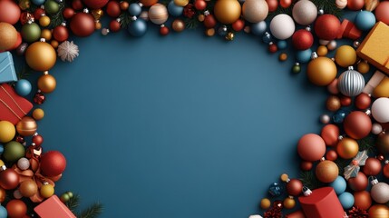 Festive Christmas decoration border with colorful ornaments and gift boxes on blue background for holiday celebration