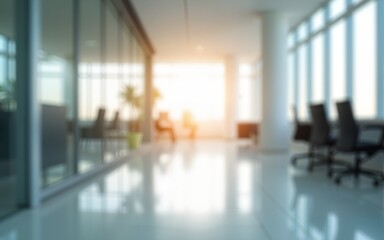 Bright office corridor captured with a soft blur effect, showing structured layout, glass partitions, and abundant daylight in a clean modern setting. High quality