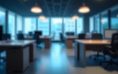 Wide-angle view of office desks and lighting, all abstracted in smooth blue blur for use in business media and web assets. High quality
