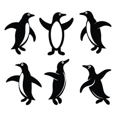 Obraz premium A group of black and white stylized penguin illustrations isolated on a white background