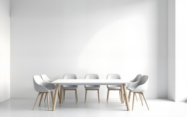 Modern meeting office with blank white wall, table and chairs. Workplace and lifestyle concept. 3D Rendering illustration , no logos, no brands. High quality