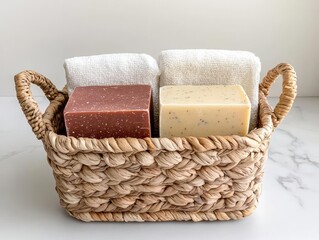 Basket of zero-waste products soap bars, linen cloths, refill pouches