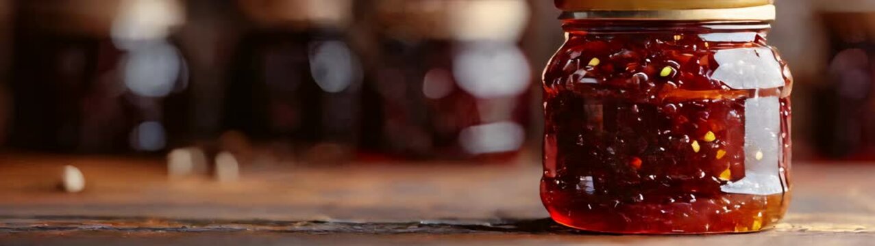 Jar of jam sitting on a table with many jars in the background food background