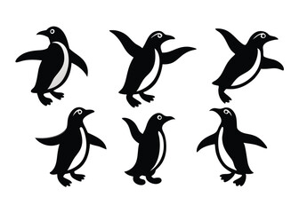 Naklejka premium Black and white penguin silhouettes in various poses on isolated white background