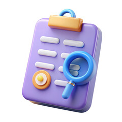 3d realistic checklist icon with magnifying glass isolated on transparent background