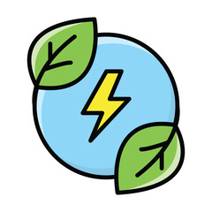 Green leaves and lightning bolt in a blue circle. Suitable for environmental and renewable energy themed designs, logos, and educational materials.