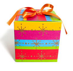 Wrapped gift box with ribbon.