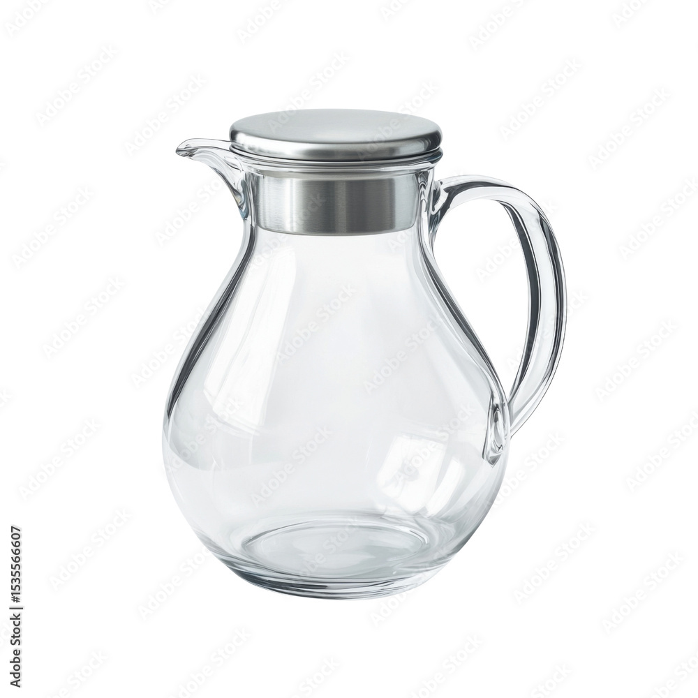 Poster clear glass pitcher with stainless steel lid, perfect for serving beverages. its elegant design make