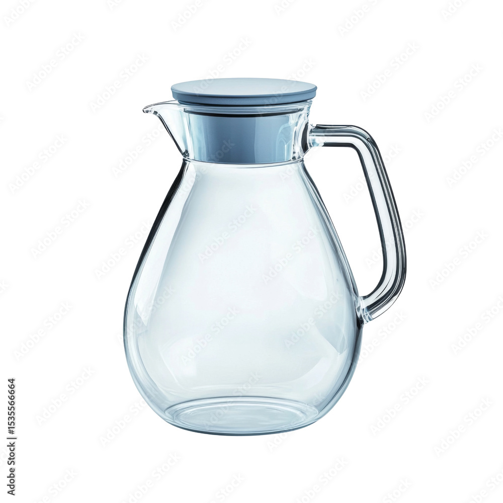 Poster clear glass pitcher with sleek design and blue lid, perfect for serving beverages. ideal for home or