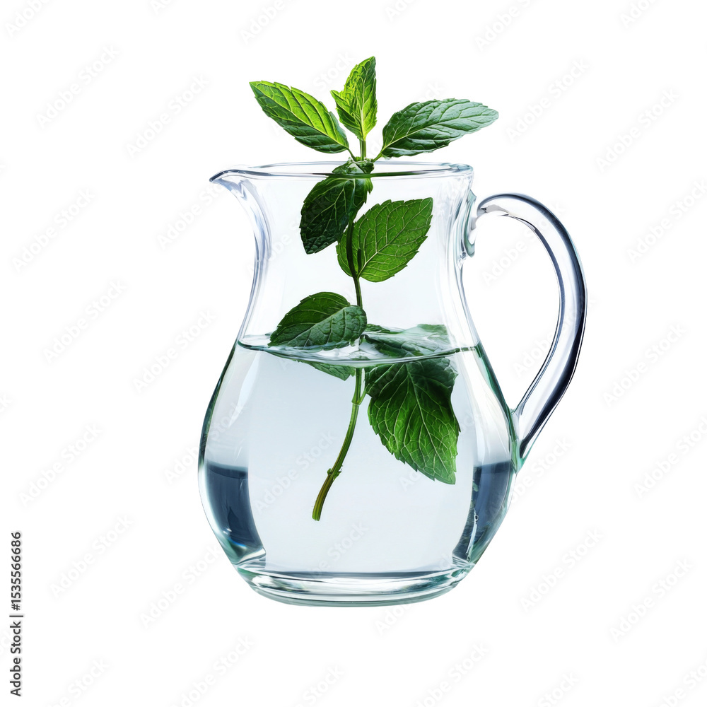 Poster fresh mint leaves in glass pitcher filled with water create refreshing and vibrant display. this cap