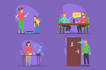 Fototapeta premium In vibrant setting, family members engaged in various activities. Adults conversing at table, while child playing with robot. Interactions around technology and daily life concept