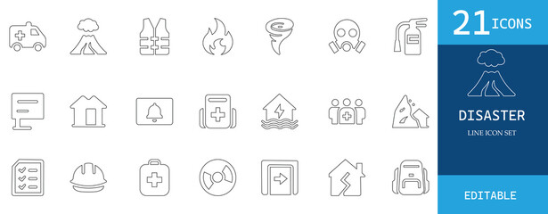 Disaster line icon set featuring rescue, fire, flood, tornado, volcano, storm, safety, emergency, medical kit, evacuation, alert, survival, and first aid