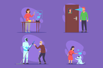 Collection of various robotic interactions, depicting cooking, greeting at door, cleaning, and child engaging with robotic dog. Modern technology concept