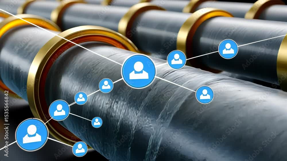 Poster conceptual view of a corroded oil pipeline with glowing digital wireframe overlays symbolizing leak 