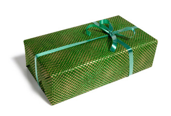 Green wrapped gift box with ribbon.