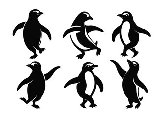 Naklejka premium Black silhouette penguin designs in various poses on white background vector illustration