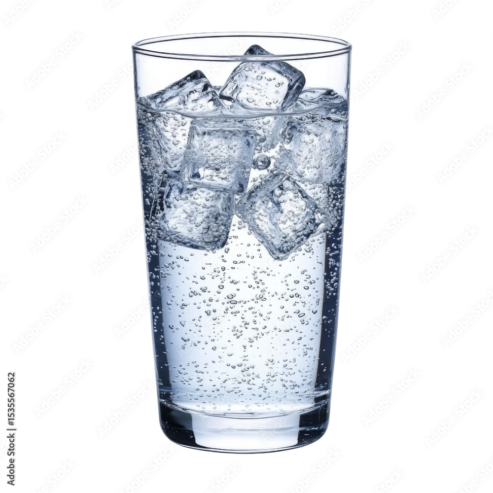 Poster refreshing glass of sparkling water with ice cubes, showcasing bubbles and clarity. perfect for hydr