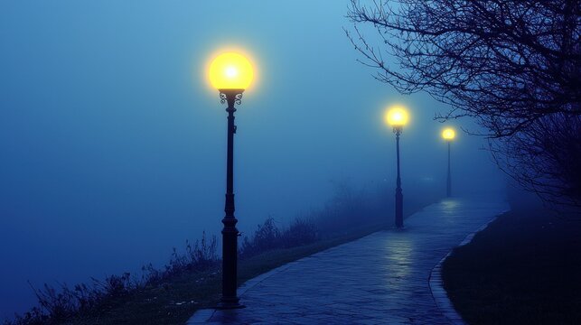 Foggy path illuminated by street lamps at twilight - Powered by Adobe