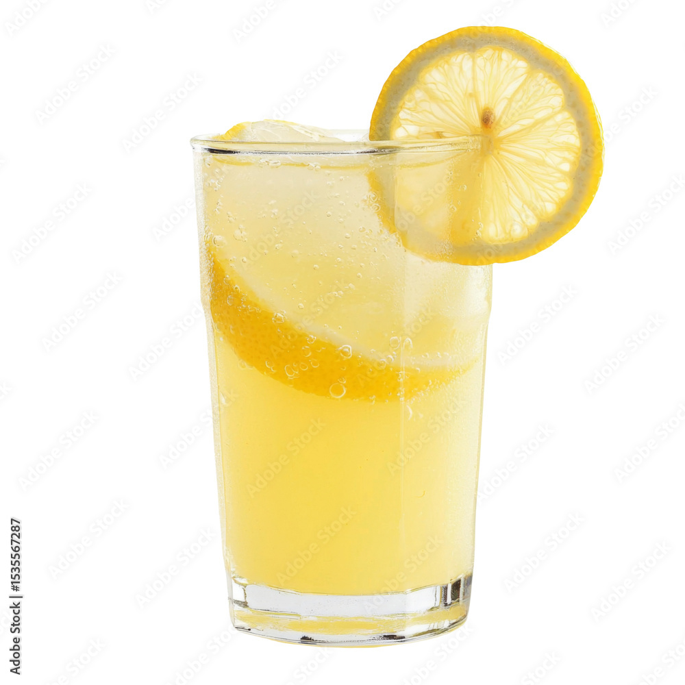 Poster refreshing lemon drink with ice and slice of lemon garnish, perfect for hot days. enjoy zesty flavor