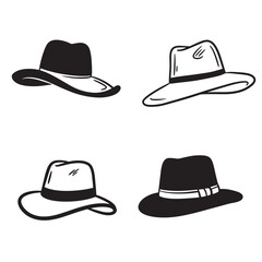 Vector illustration showcasing four distinct fedora hat silhouettes in a minimalist black and white style for creative design concepts