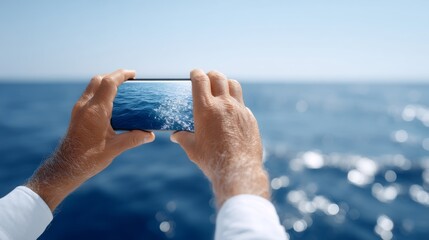 A person capturing the beauty of the ocean with a smartphone. The blue water sparkles under the sunlight. This image shows a peaceful moment at sea. A perfect shot for nature lovers. AI